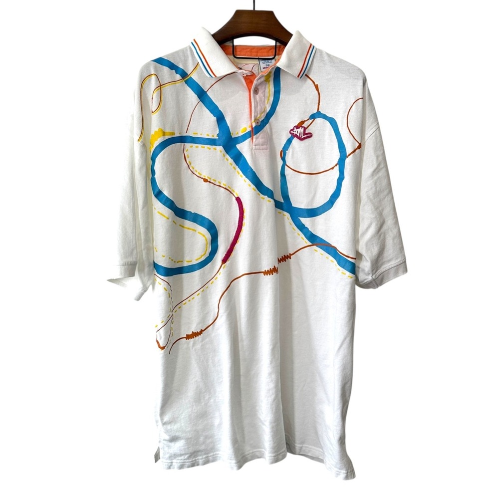 MECCA USA Vintage White Abstract Color Polo‎ Shirt Short Sleeve Streetwear 5XL